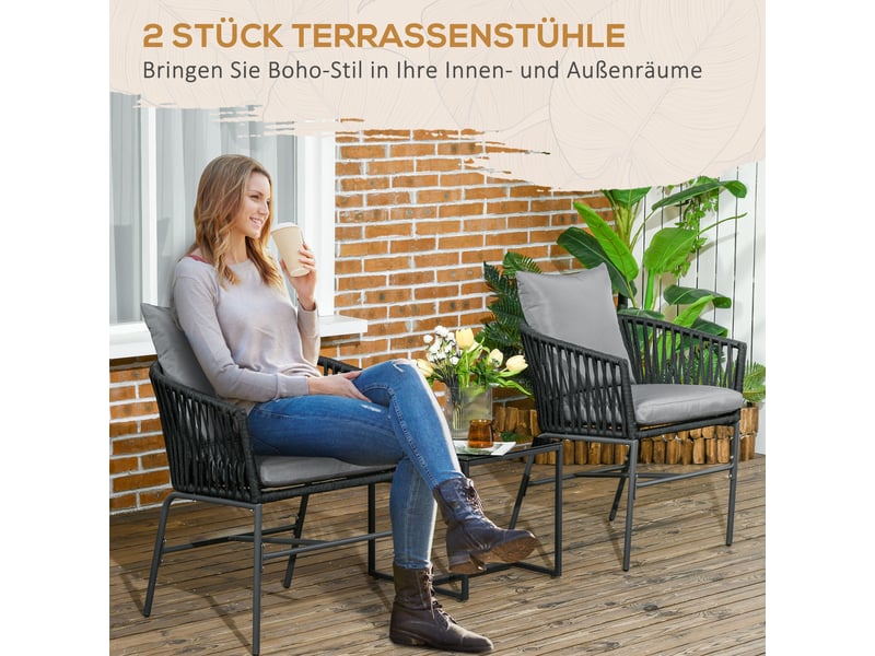  Chaises d'extérieur, lot de 2, style bohème, coussins d'assise et de dossier, coque d'assise confortable, structure en métal, noires  - Conforama E