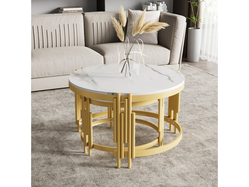  Tables basses gigognes rondes avec plateau aspect marbre cadre en métal doré style contemporain pour salon en mdf blanc  - Conforama C