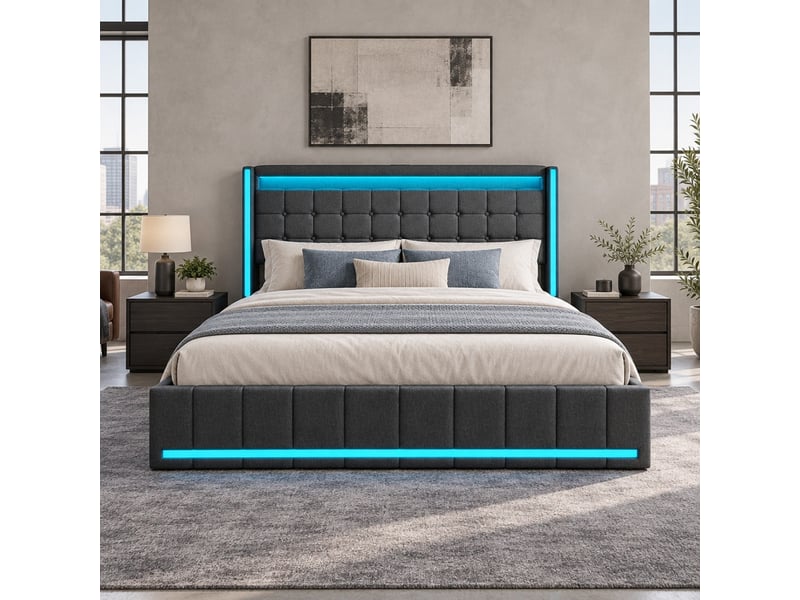  Lit adulte 2 places 140x190 cm, lit double avec rangement, led, port usb, 4 tiroirs, lin gris foncé  - Conforama D