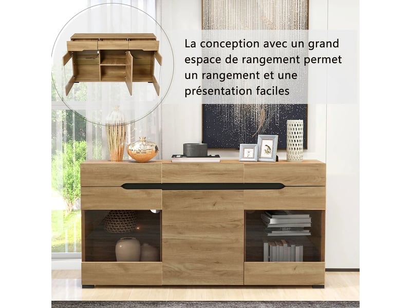 Buffet moderne led chêne 140x35x80 cm bahut 3 portes 3 tiroirs meuble de rangement - Conforama R