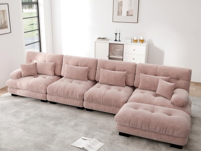  Canapé modulable d’angle 4 places avec ottomane en tissu rose  - Conforama B