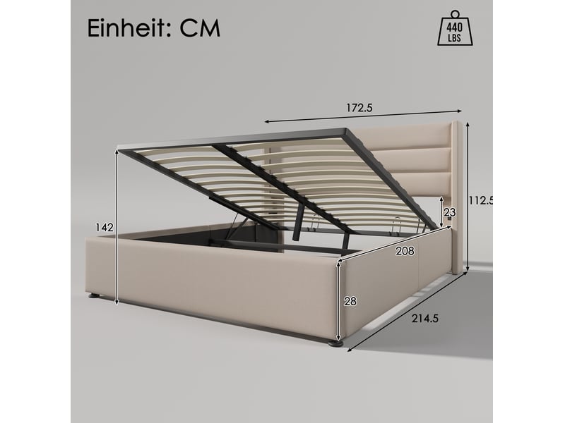  Lit coffre double 160x200 cm en lin beige, matelas inclus  - Conforama C