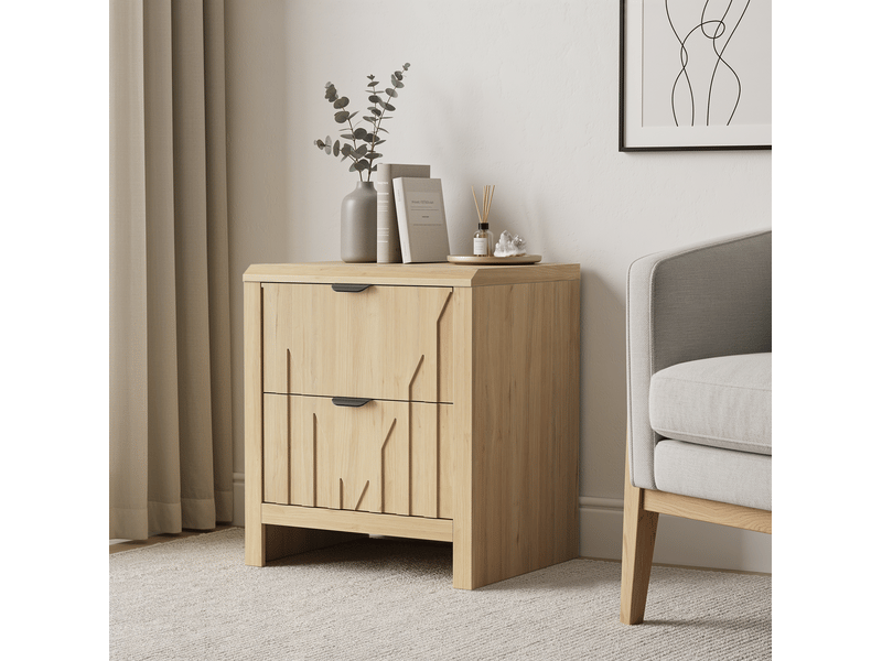  Table de chevet tcqpz 48 x 40 x 55,5 cm 2 tiroirs rangement style mid-century moderne mdf et panneaux de particules chêne clair  - Conforama E