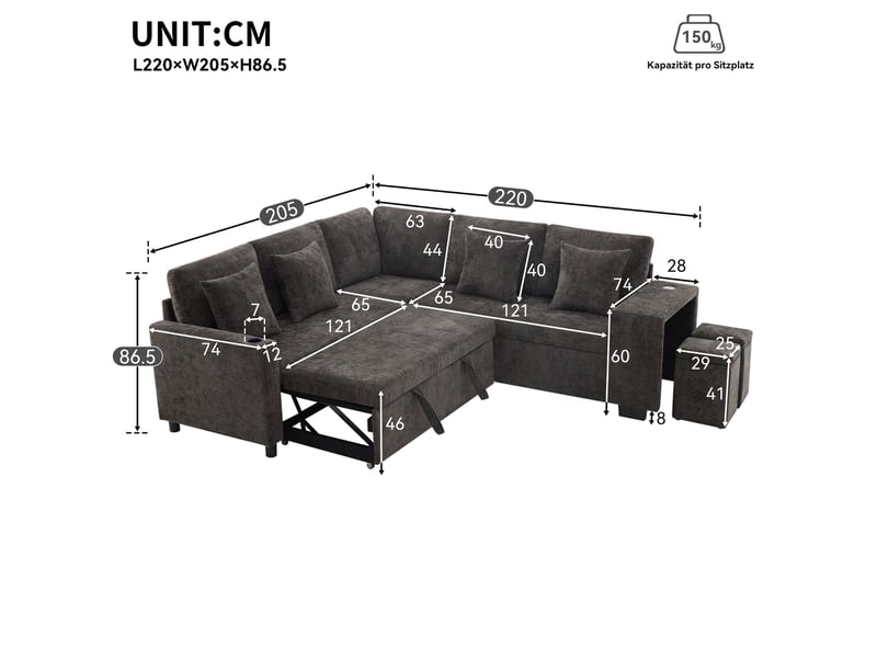  Canapé d'angle convertible ulevr 5 places avec rangement, méridienne réversible, usbusb-c, chenille gris, 220 x 205 cm  - Conforama C