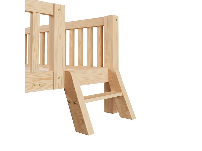  Lit plateforme bois 90x200 avec barrière sécurité et lit gigogne, couleur bois  - Conforama E