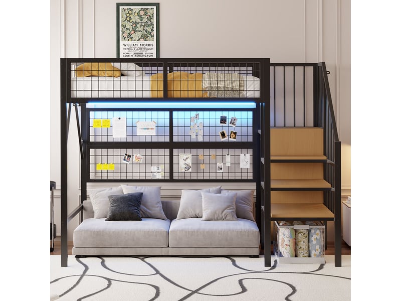  Lit mezzanine noir 90x200cm avec escalier rangement, éclairage led avec application, bureau et étagères - fer - pour enfant ado  - Conforama D