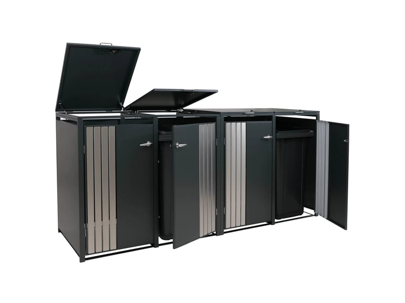 Cache poubelles 4 bacs avec couvercle abri poubelle extérieur en acier galvanisé anthracite 80 à 240l verrouillable 122x264x84 cm 04_0009341 - Conforama B