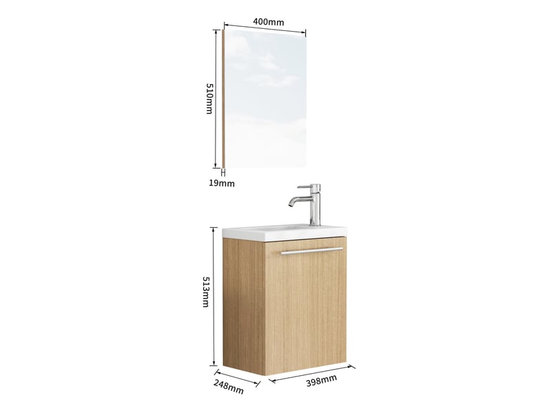Meuble sous vasque mural avec miroir et vasque en céramique, portes à charnières amorties, salle de bain, mdf, chêne - Conforama D