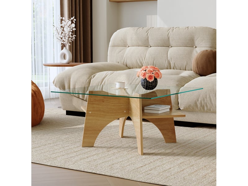  Table basse carrée 80x80x40 cm en verre et mdf bois clair  - Conforama B