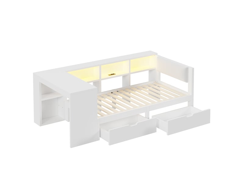  Lit plateforme blanc 90x200 cm en bois, tête de lit rembourrée, étagères, 2 tiroirs, station de charge et led multicolores  - Conforama A