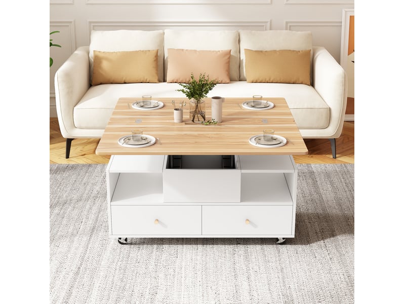  Table basse relevable extensible avec 4 tiroirs et roulettes – mdf blanc et décor bois – 100 x 50 x 47,5 cm  - Conforama C