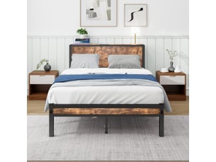 Lit plateforme métal 120 x 200 cm avec tête de lit rangement - marron