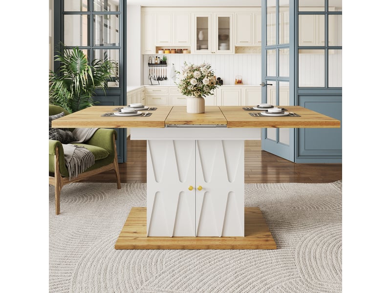  Table à manger rectangulaire extensible 110-140 x 70 cm avec rangement intégré à 2 niveaux, plateau mdf effet bois et relief décoratif moderne  - Conforama B
