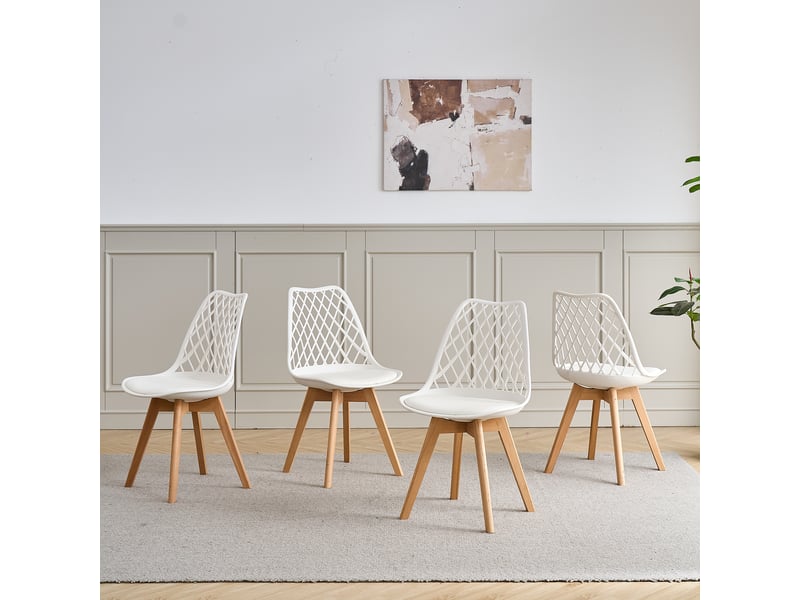  Lot de 4 chaises salle manger,chaises scandinave,dossier en maille,coussin de siège en cuir(blanc)  - Conforama W