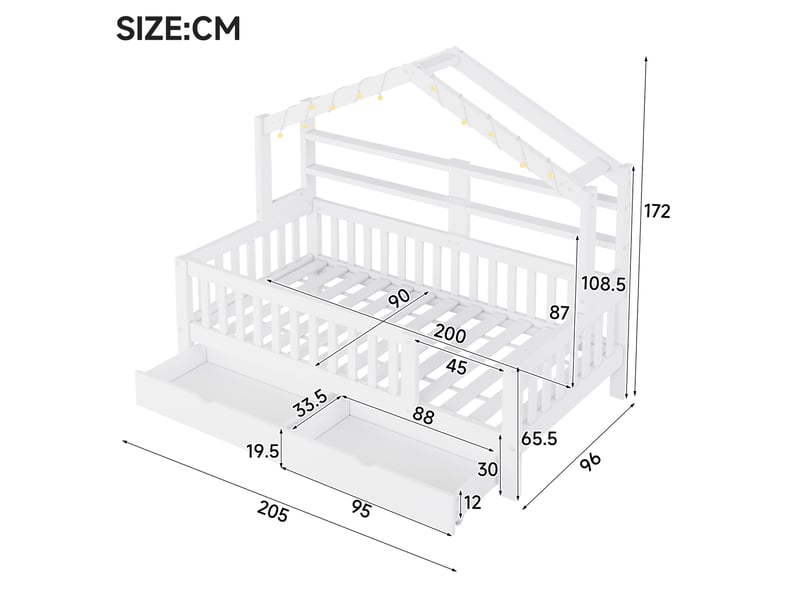  Lit cabane 90x200cm blanc, toit décoratif, 2 tiroirs, bande led décorative et barrières latérales, sommier à lattes, pin et mdf, pour chambre enfant  - Conforama D