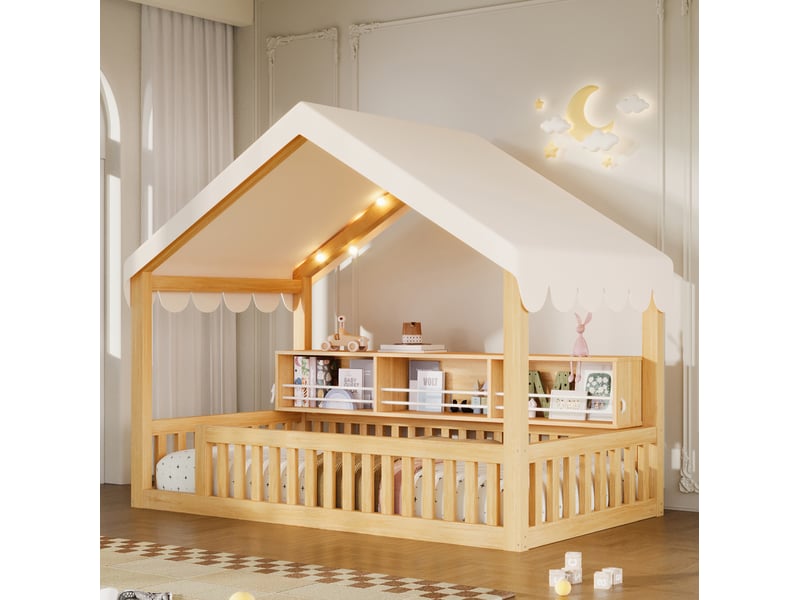 Lit cabane jeune 90x200 cm avec baldaquin, led et bibliothèque, bois naturel - Conforama E