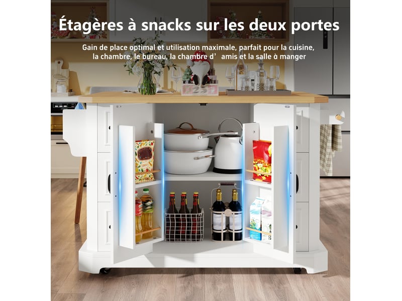  Desserte de cuisine 142x45-75,5x91 cm, 6 tiroirs et 2 portes, avec roulettes, en mdf et métal, couleur blanc et bois  - Conforama E