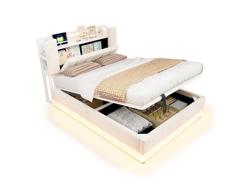  Lit coffre capitonné 140 x 200 cm - avec éclairage led - avec port usb - velours - beige (matelas non inclus)  - Conforama A