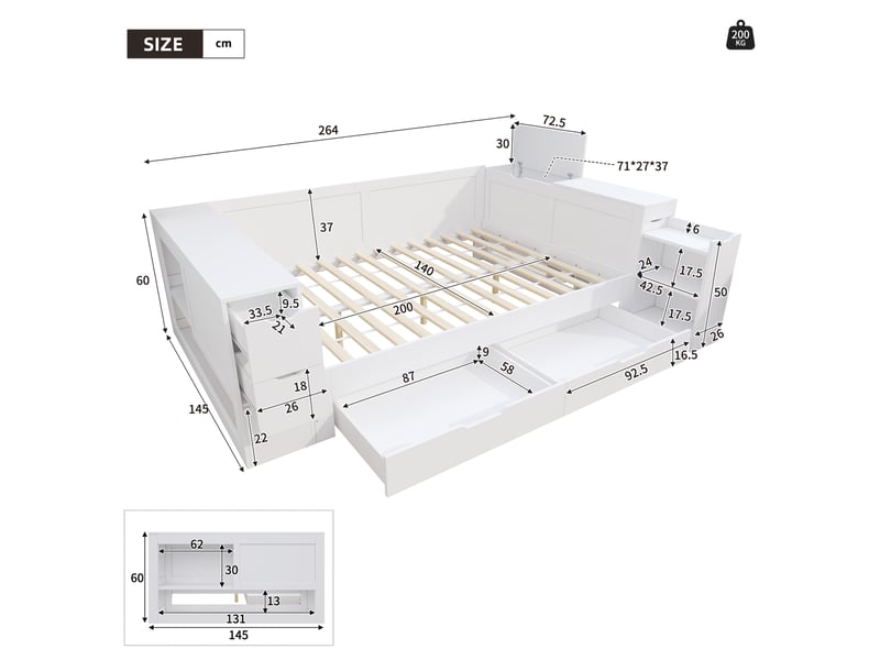  Lit en bois, lit enfant, lit coffre 140x200 cm, lit de jour, lit coffre multifonctionnel avec tiroirs, étagères et rangements, avec tables de chevet, idéal pour adolescents, sans matelas, blanc  - Conforama C