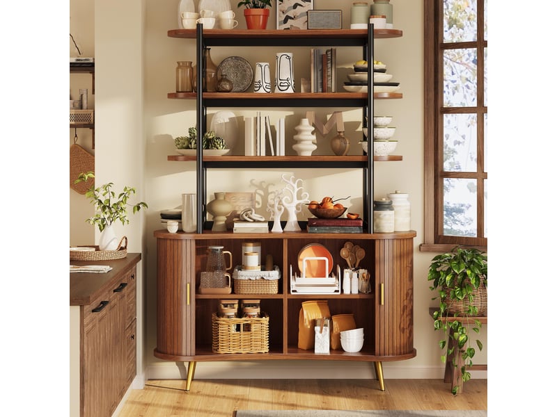  Buffet de cuisine - 120x40x183cm - meuble avec portes tambour cannelées, étagère 4 niveaux, pieds dorés - marron foncé  - Conforama C