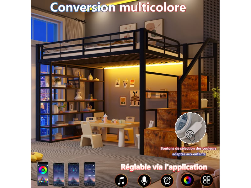  Lit mezzanine 140x200 cm led, rangements, marches, tiroirs tissu, garde-corps, métal mdf, noir sans matelas  - Conforama E
