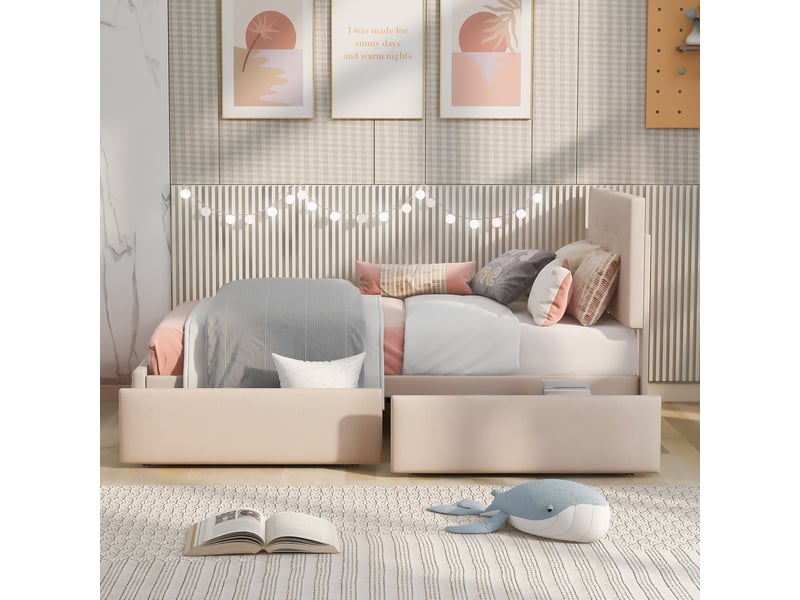  Lit simple 90x200 cm, velours beige foncé, dossier ajustable, deux tiroirs et cadre intérieur stable  - Conforama C