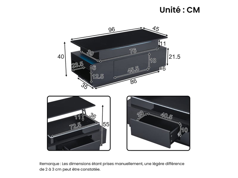 Table basse relevable avec 1 tiroir et rangements ouverts, led, pour salon, en panneau de particules, noir - uvrion - Conforama E