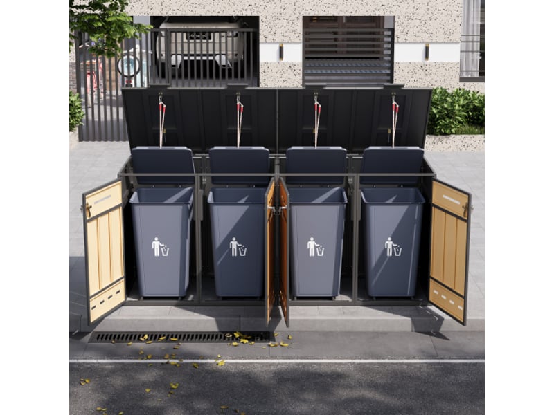 Cache-poubelles extérieur 4 bacs 120 à 240 l en acier gris et effet bois, couvercle relevable, portes avant, ventilé  - Conforama C