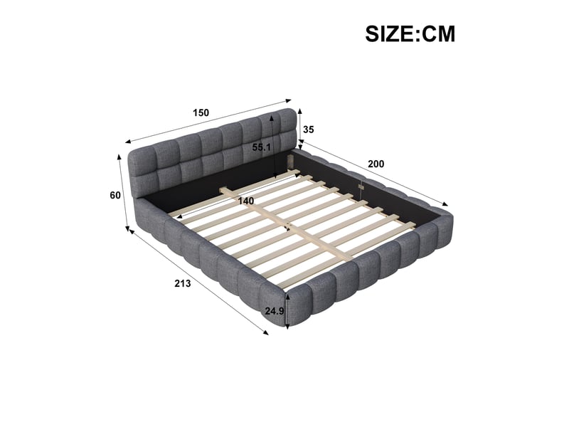 Lit 2 places 140x200 cm, lit double rembourré, lit bubble avec sommier à lattes, lits matelassé nuage, tissu en lin, coloris gris - Conforama C