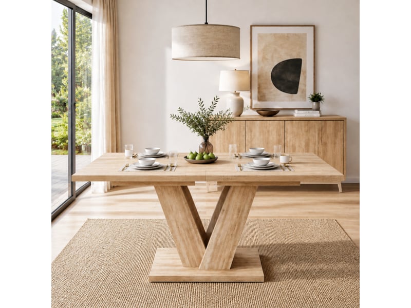Table à manger extensible, chêne, 140180 × 80 cm, 4-6 personnes, plateau épais, pieds en v - Conforama E