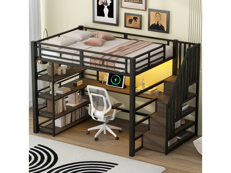  Lit mezzanine 140 x 200 cm, métal, escalier, bureau, rangements, usb, led, noir  - Conforama C