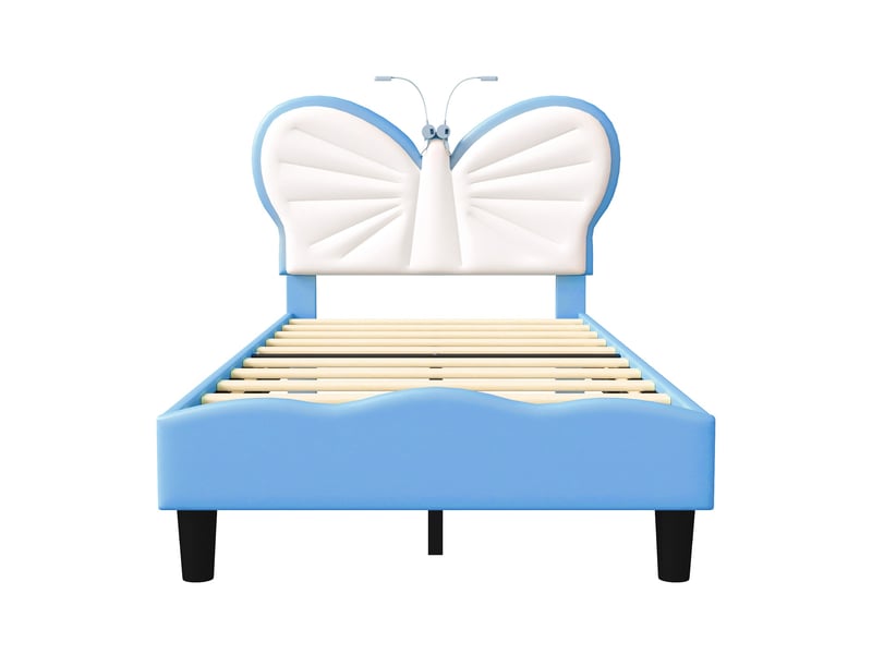  Lit enfant 90x200 avec liseuse, lits 1 personne avec tête de lits réglable en hauteur en forme de papillon, lit capitonné pour fille adolescent, velours, sans matelas (blanc + bleu)  - Conforama W