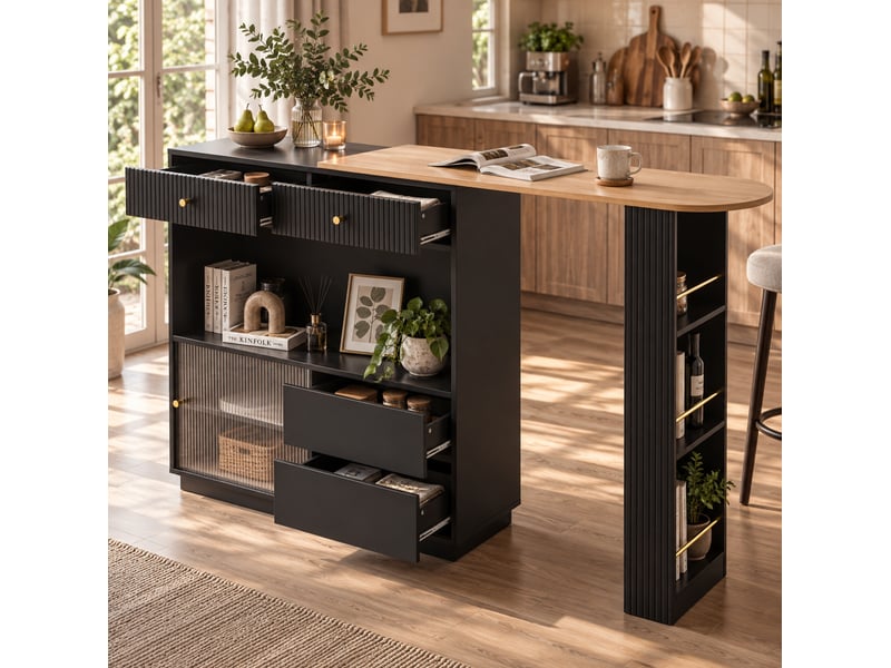  Îlot de cuisine extensible pivotant avec rangement et led evryae  - Conforama C