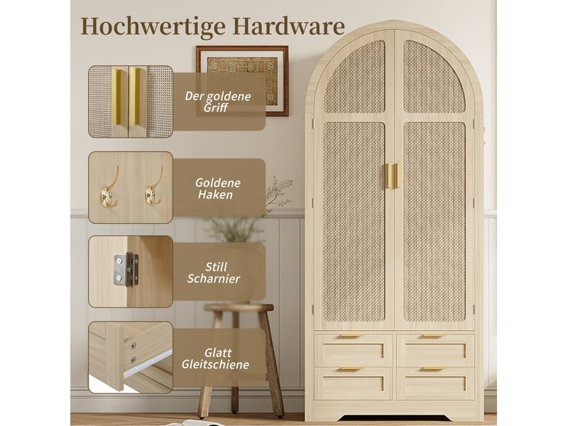  Armoire 2 portes 80x50x180 cm, portes courbes en rotin, penderie, tiroirs et rangements, mdf, couleur chêne  - Conforama E