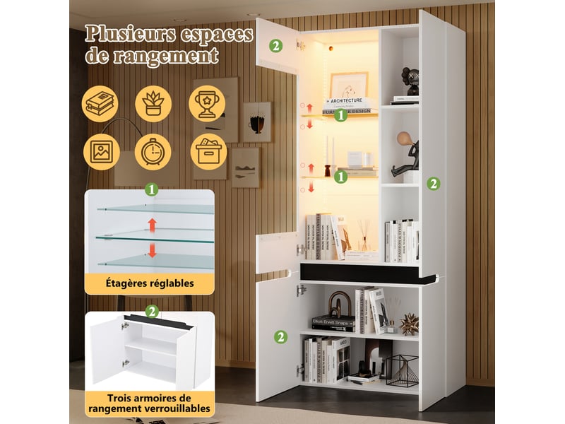  Vitrine de salon led 80 x 35 x 180 cm – blanc – rangement et présentation avec éclairage bluetooth  - Conforama E