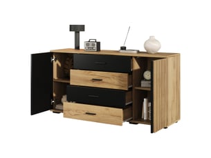 Buffet et enfilade moderne avec 2 portes, 4 tiroirs et étagères réglables en mdf noir et chêne pour salon