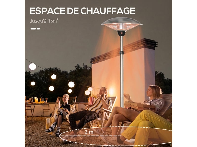 Parasol chauffant électrique 3000w chauffage infrarouge sur pied réglable 160-200cm acier inoxydable argent - Conforama C