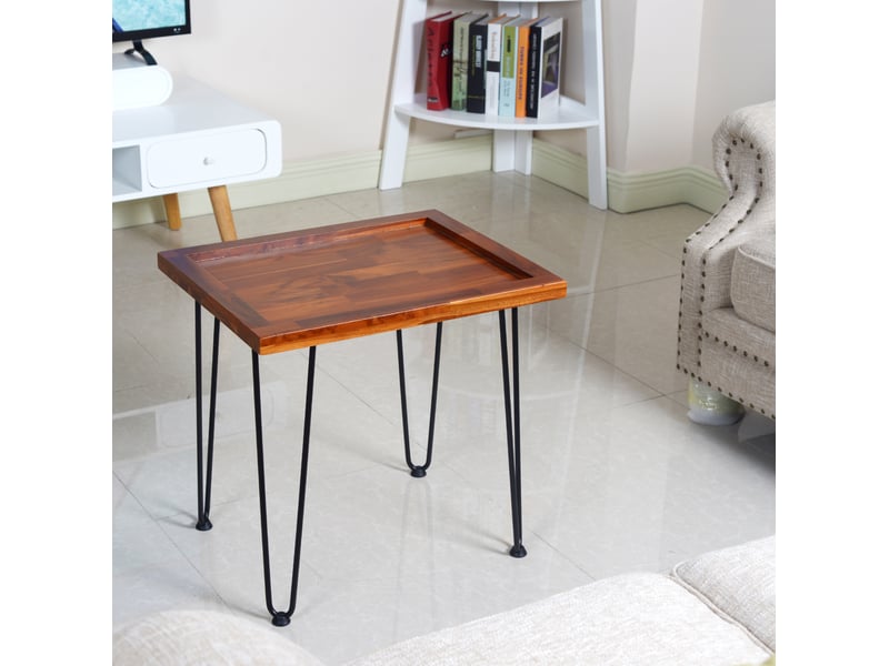  Table basse en bois massif avec pieds en fer et patins antidérapants pour salon, jardin, 62 × 50 × 15,5 cm  - Conforama C