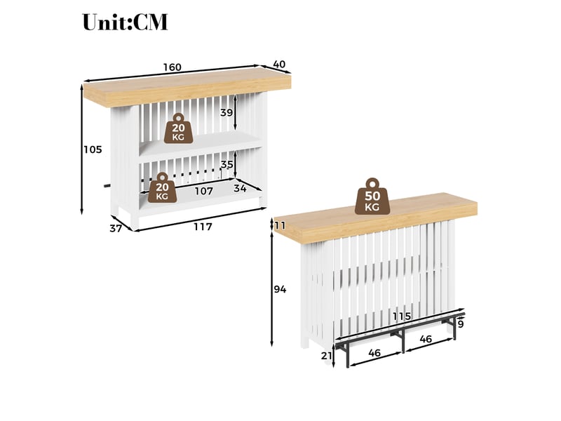  Table de bar 160x40x105 cm avec étagères et repose-pieds blanche  - Conforama C