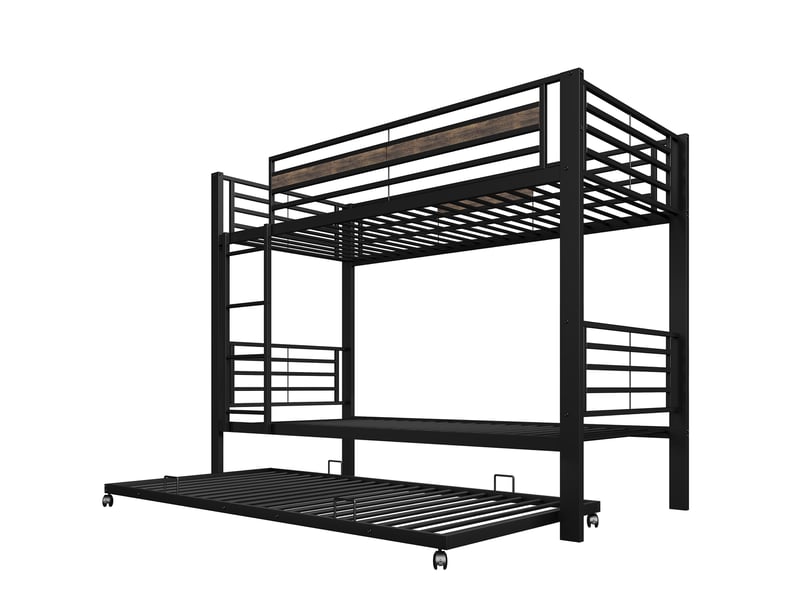  Lit superposé 3 places 90 x 200 cm avec lit gigogne 90 x 190 cm, barrière de sécurité, échelle, conforme en 747, en métal noir finition vintage  - Conforama D