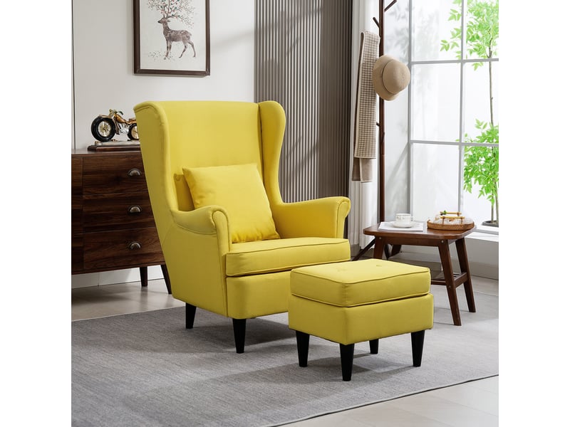 Fauteuil à oreilles avec repose-pieds, fauteuil rembourré avec pieds en bois d'hévéa, revêtement en tissu, jaune  - Conforama C