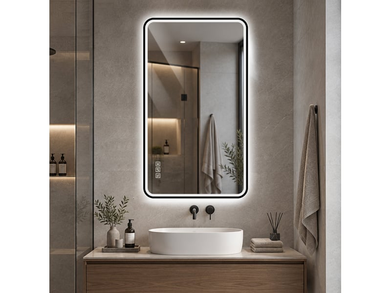  Miroir de salle de bains led 90 x 70 cm noir, cadre en aluminium, éclairage réglable, pose murale  - Conforama D