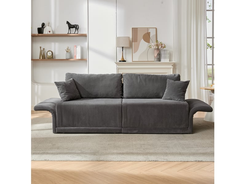Canapé convertible 2 places avec couchage d'appoint et coussins à ressorts, structure métallique en velours côtelé gris - Conforama D