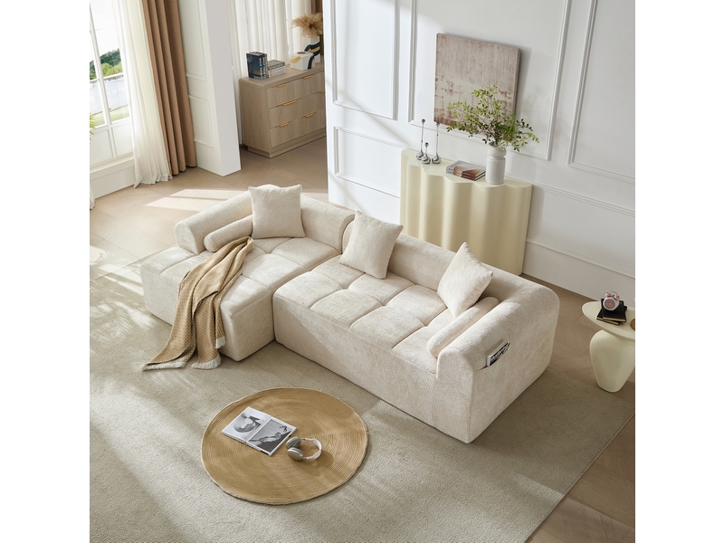  Canapé d'angle modenvie beige en chenille 263 cm avec méridienne gauche  - Conforama D