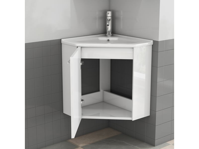  Meuble sous vasque d'angle avec lavabo en céramique, portes et poignées en métal pour salle de bain, blanc brillant  - Conforama B