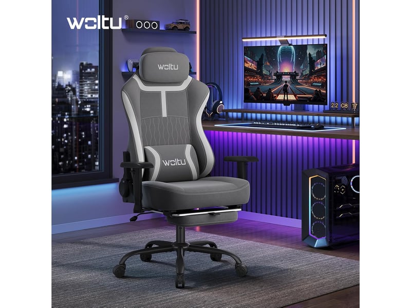  Chaise gaming, avec dossier inclinable appui-tête,repose-pieds rétractable, en maille, gris  - Conforama B