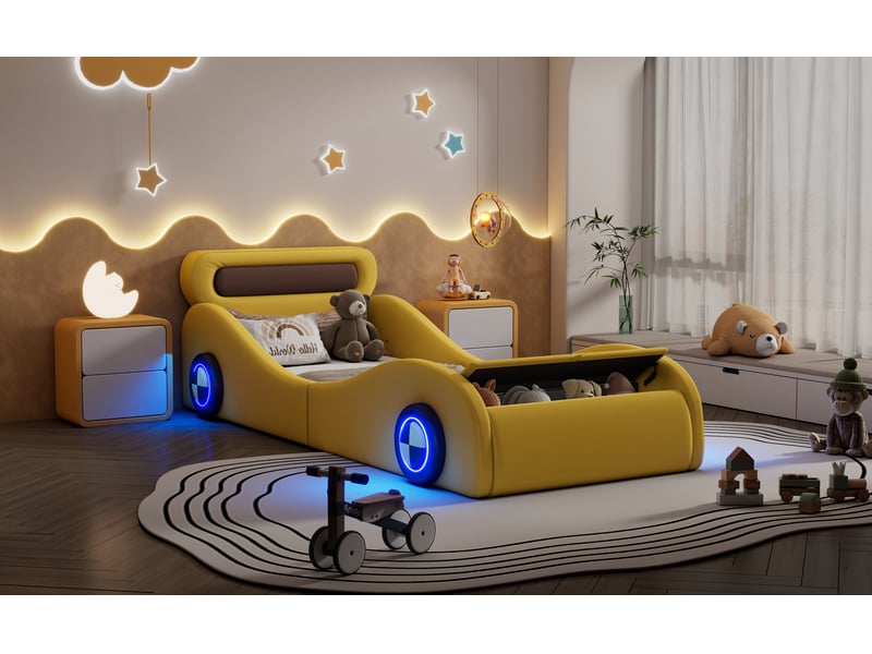  Lit voiture,roues lumineuses et espace de rangement, jaune,90x200cm lit enfant jaune - Conforama B