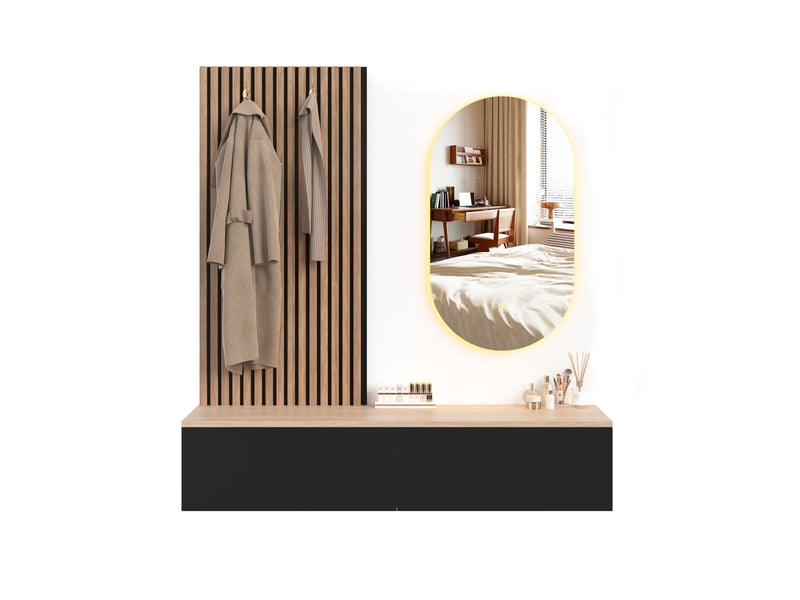  Meuble d’entrée mural 140x38x150 cm avec miroir led, 2 tiroirs, 2 patères, console suspendue, mdf noir et effet bois naturel, pour couloir  - Conforama A