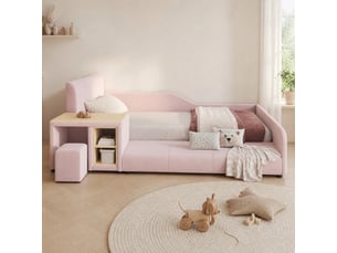 Lit enfant 90 × 200 cm avec bureau, tabouret et étagère, tête de lit rembourrée en velours rose pour chambre