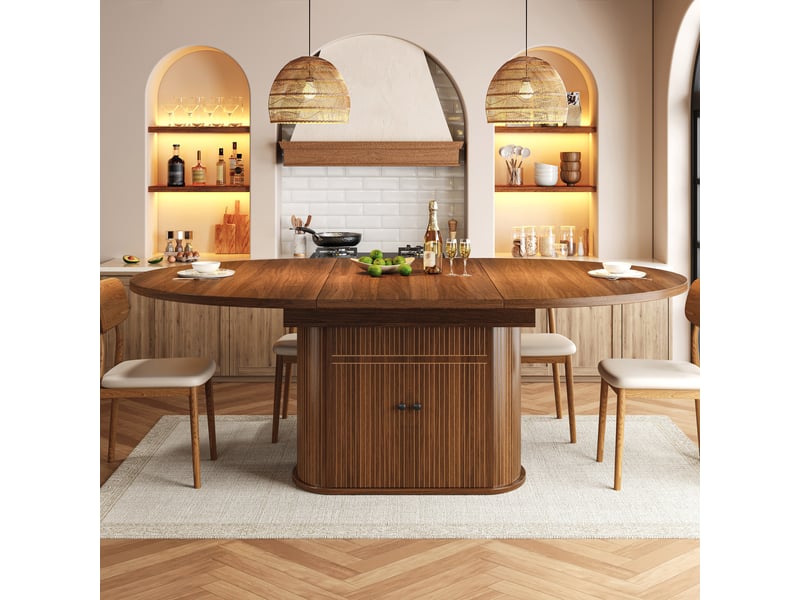 Table à manger extensible 118-158x118 cm pour 4 à 6 personnes, rangement intégré 2 portes, étagères réglables, pied central rainuré, brun foncé - Conforama C